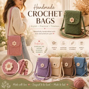 May include: Handmade crochet bags in various colors including pink, green, purple, beige, brown, and blue. Each rectangular bag features a long shoulder strap, a flap closure, and a decorative crocheted flower accent on the front.