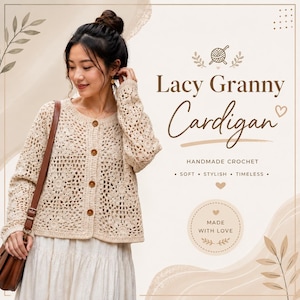 Puede incluir: Un cárdigan de ganchillo beige con un patrón de cuadrados granny de encaje, mangas largas y cuatro botones marrones en la parte delantera. El texto en la imagen dice Lacy Granny Cardigan, Handmade Crochet, Soft, Stylish, Timeless, Made With Love.