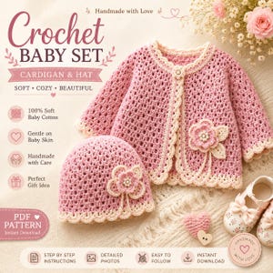 Puede incluir: Un conjunto de bebé tejido a ganchillo en color rosa, compuesto por una chaqueta de manga larga y un gorro a juego. Ambas piezas presentan un delicado patrón calado, un borde festoneado color crema y una flor decorativa con perlas.