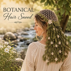 May include: A crochet hair snood featuring a beige mesh top and a cascading green leaf pattern adorned with small white flower accents. The text BOTANICAL Hair Snood is visible in the upper left corner of the image, set against a natural outdoor backdrop.
