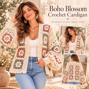 May include: A cream-colored crochet cardigan featuring a granny square pattern with dusty rose and sage green floral motifs. The garment has long, voluminous sleeves with ribbed cuffs and an open front design, showcasing intricate needlework.