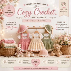 Könnte beinhalten: Drei gehäkelte Babykleider in Rosa, Creme und Salbeigrün hängen an einem Holzständer mit passenden Hüten. Ein gehäkelter Hase und ein Teddybär sitzen darunter, neben einem Korb mit gefalteten Häkeldecken und einem Blumenstrauß im Weidenkorb.