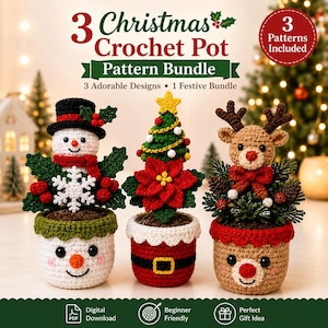 Puede incluir: Un paquete digital de 3 patrones de ganchillo para macetas navideñas que incluye un muñeco de nieve, un árbol de Navidad con flor de pascua y un reno. El texto dice 3 Christmas Crochet Pot Pattern Bundle, 3 Patterns Included, Digital Download, Beginner Friendly y Perfect Gift Idea.