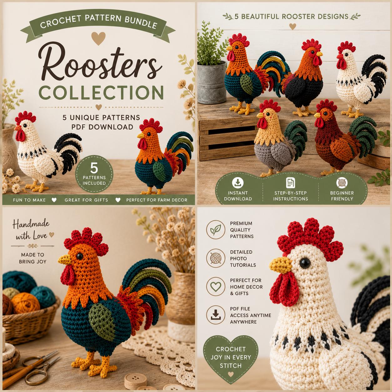 30 Animal Crochet Patterns for Cute Gifts, Nursery Decor, and Cozy Makes 31 Rooster Farmhouse Pattern Bundle