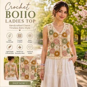 Può includere: Un top smanicato all'uncinetto con base color crema e motivi floreali circolari nelle tonalità verde salvia, giallo senape e rosa antico. Il capo presenta uno scollo a V, un'abbottonatura frontale e una lavorazione a maglia traforata.