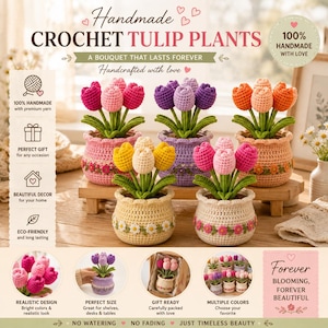 May include: Handmade crochet tulip plants in various colours, including pink, purple, orange, yellow, and white, each potted in a crocheted container with floral accents. The text reads Handmade Crochet Tulip Plants, A Bouquet That Lasts Forever.