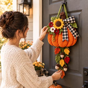May include: A crocheted pumpkin wall hanging featuring a large orange pumpkin adorned with a yellow sunflower, small red and white flowers, green leaves, and a black and white buffalo check ribbon. Below the pumpkin hang crocheted leaves and acorns.