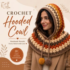 May include: A crochet hooded cowl featuring a striped pattern in shades of brown, orange, cream, and yellow. The hood includes two long hanging cords, each finished with a textured pom-pom in matching colors. The text reads CROCHET Hooded Cowl.