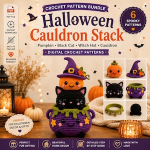 Puede incluir: Un paquete de patrones de ganchillo digitales titulado Halloween Cauldron Stack con seis diseños espeluznantes que incluyen una calabaza, un gato negro, un sombrero de bruja y un caldero. La imagen muestra un conjunto de juguetes de ganchillo apilados con un caldero morado, un gato negro y una calabaza naranja coronados con un sombrero de bruja morado.