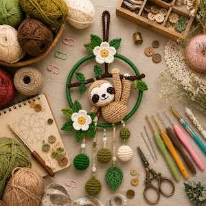 May include: A crocheted sloth wall hanging featuring a green ring, brown sloth figure, white flowers, and hanging spheres. The sloth is suspended from a brown branch within the ring, surrounded by green leaves, with dangling yarn balls and leaves.