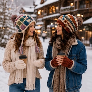 Peut inclure: Deux bonnets en crochet avec pompons, l'un présentant un motif de carrés granny multicolores avec des tresses et l'autre un design rayé texturé marron et bleu avec des boutons en bois, portés avec des écharpes en tricot et des gants.