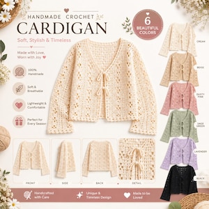 Può includere: Un cardigan lavorato all'uncinetto fatto a mano con scollo a V, maniche lunghe e due chiusure a laccio sul davanti. Il capo presenta un intricato motivo traforato ed è disponibile in sei colori: crema, beige, rosa antico, verde salvia, lavanda e nero.