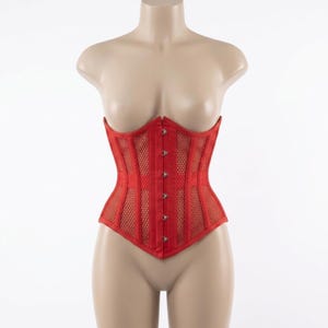 Corsé rojo de malla bajo el busto, faja reductora con varillas de acero, corsé transparente tipo waspie, cinturón corsé con cierre de broches en la parte delantera.