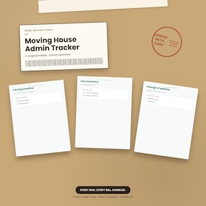 May include: A 6-page printable Moving House Admin Tracker set featuring a main label, a red circular Handle With Care stamp, and three white sheets titled Moving Timeline, Box Inventory, and Change of Address with checkboxes and text.