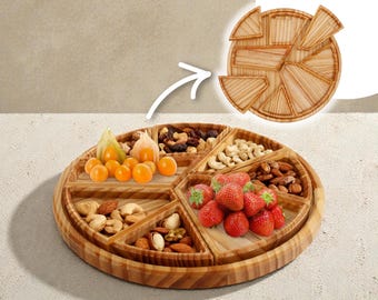 Bandeja rústica de madera con forma de rompecabezas y 8 compartimentos extraíbles. Bandeja de madera con divisiones para frutas, frutos secos, aperitivos y frutas. Bandeja artesanal.