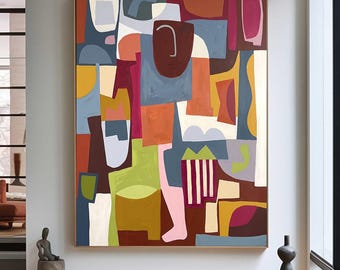Hand Painted Abstract Geometric Canvas Painting,Mid Century Modern Bold Color Block Art