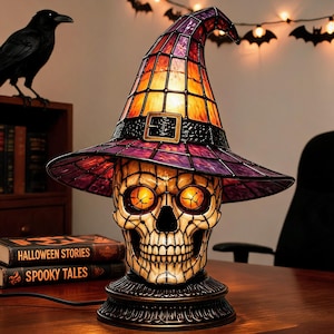 Stained Glass Witch Hat Table Lamp, Halloween Gothic Cat Skull Owl Desk Lamp, Vintage Ambient Light Decor Gift