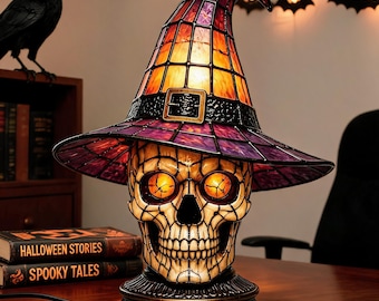 Stained Glass Witch Hat Table Lamp, Halloween Gothic Cat Skull Owl Desk Lamp, Vintage Ambient Light Decor Gift