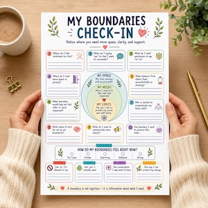 May include: A white paper worksheet titled My Boundaries Check-In with ten numbered prompts, a central diagram with three concentric circles labelled My Space, My Needs, and My Limits, and a bottom section for tracking boundary feelings.