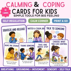 Puede incluir: Un juego de 52 tarjetas Calming & Coping Cards for Kids con ilustraciones de niños practicando técnicas de autorregulación. Cada tarjeta muestra una actividad específica como Squeeze and Release o Take One Brave Step con su texto.
