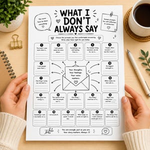 May include: A white paper worksheet titled What I Don't Always Say, featuring twenty-two numbered prompts for self-reflection. The layout includes an envelope graphic in the center with the text Your thoughts. Your feelings. Your voice matters.