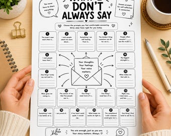 Op de afbeelding: Een wit papieren werkblad getiteld What I Don't Always Say, met tweeëntwintig genummerde prompts voor zelfreflectie. De lay-out bevat een envelopafbeelding in het midden met de tekst Your thoughts. Your feelings. Your voice matters.
