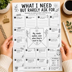May include: A white paper worksheet titled What I Need But Rarely Ask For, featuring fifteen numbered prompts and a central envelope graphic with the text My needs matter, even when they're hard to say. The layout includes black line art.