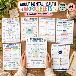 Könnte beinhalten: Ein Set aus acht A4-Arbeitsblättern zur psychischen Gesundheit für Erwachsene mit farbenfrohen Überschriften und Aufforderungen. Die Titel lauten What I Don't Always Say, What I Need But Rarely Ask For, Overthinking Reset, When I Feel Overwhelmed, What Drains Me, My Boundaries Check-In und My Support Map.