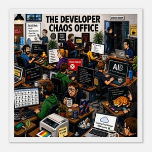 The Developer Chaos Office – Gerahmtes Poster für Softwareentwickler / Programmierer, Humorvolles Büro-Deko Geschenk