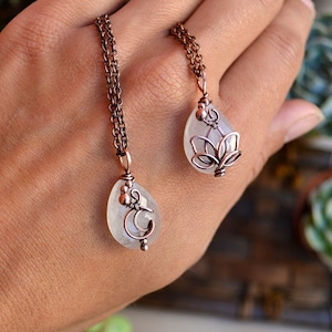 Quartz Crystal Necklace. Lotus Jewelry. Moon Jewelry. Copper or Silver. Unique Gemstone Pendant. Boho Necklace. Crystal Jewelry. Her Gift