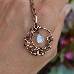 Copper Fairy Moon Pendant. Moonstone Necklace. Wire Wrapped Pendant. Unique Gemstone Pendant. Moon Necklace. Unique Jewelry