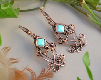 Turquoise and Copper Boho Gemstone Earrings. Genuine Turquoise Wire Wrapped Earrings. Indie Boho Jewery. Gypsy Gemstone Earrings. Gift Idea