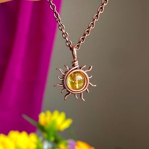 Naszyjnik Baby Sunshine. Miedź lub srebro! Naszyjnik z cytrynem. Biżuteria słoneczna. Naszyjnik boho. Naszyjnik ze słońcem. Biżuteria z drutu. Naszyjnik z kryształami.