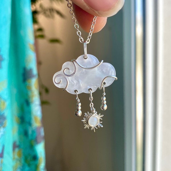 Snow Cloud Necklace. Imitation Pearl Resin Pendant. Cloud Jewelry. Silver Moonstone Jewelry. Cute Jewelry. Vegan Friendly. Wire Wrap Jewelry