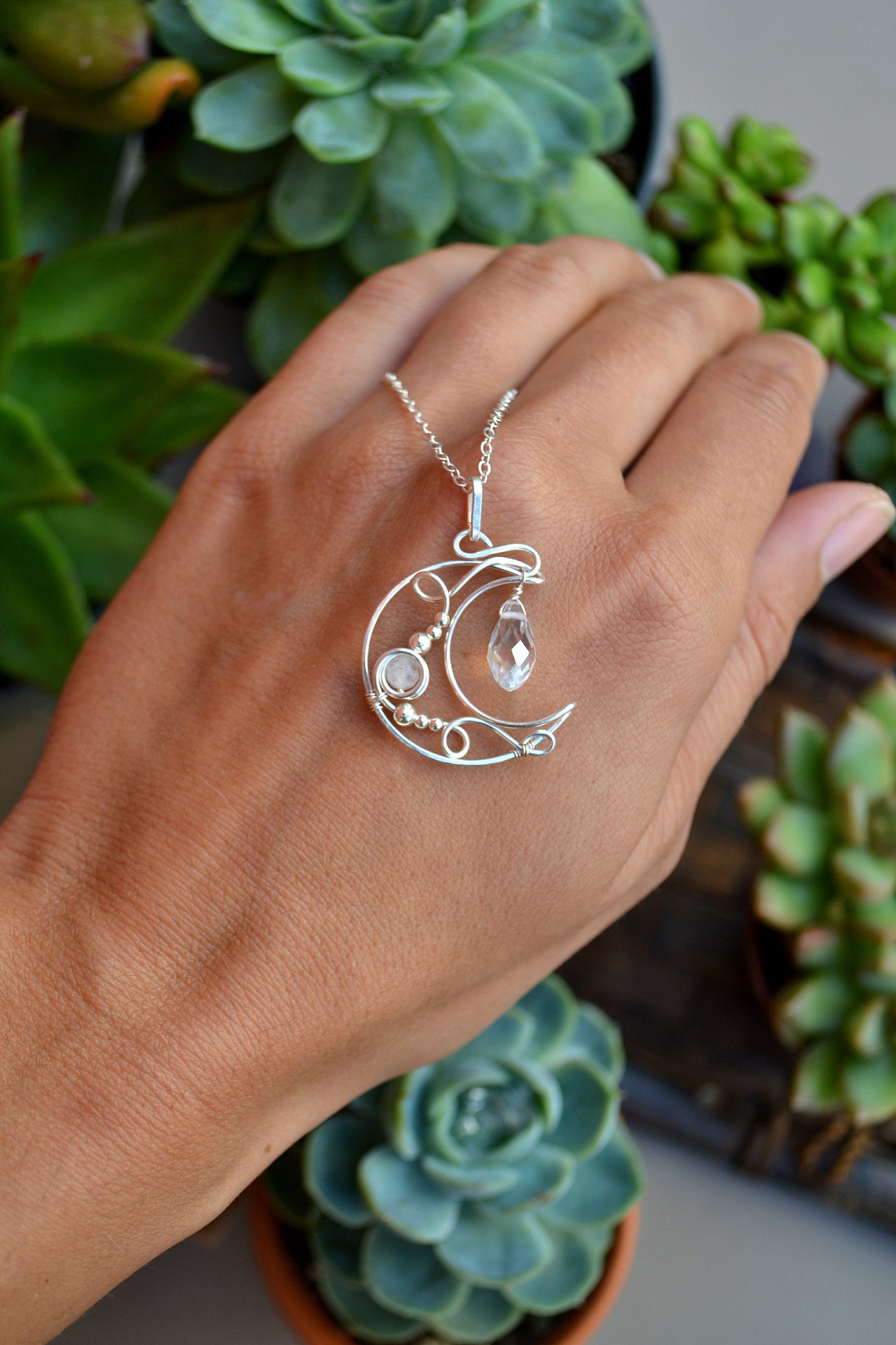 Silver Crystal Moon Necklace. Moonstone Jewelry. Unique Silver Crystal Moon Necklace. Moonstone Jewelry. Unique