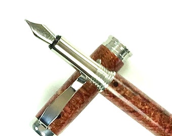 Wooden Fountain Pen - Beautiful Black Ash Burl dyed Red and stabilized - Made In USA Stainless Steel Hardware - 002FPSSD