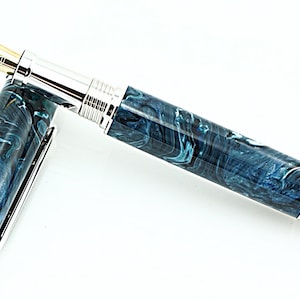 Custom Acrylic Fountain Pen - Acrylic with Blues whites and a few greens - Rhodium and Black Titanium Hardware - 849FPXLD
