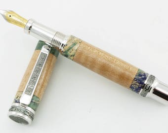 Caneta-tinteiro de madeira personalizada - lindo bordo encaracolado com caixa tingida detalhes antigos - hardware imperador ródio - 865FPW