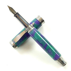 Acrylic Fountain Pen - Beautiful Green Purple and silver metallic - Solid Made in USA Stainless Steel Hardware - 010FPSSC