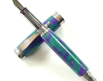 Acrylic Fountain Pen - Beautiful Green Purple and silver metallic - Solid Made in USA Stainless Steel Hardware - 010FPSSC