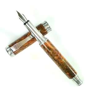 Wooden Fountain Pen - Beautiful Black Ash Burl dyed Golden Yellow with  hints of Blue - Made In USA Stainless Steel Hardware - 003FPSSD