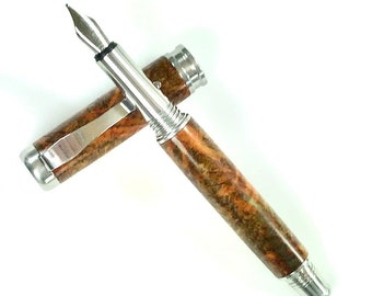 Wooden Fountain Pen - Beautiful Black Ash Burl dyed Golden Yellow with  hints of Blue - Made In USA Stainless Steel Hardware - 003FPSSD