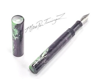 Acrylic Fountain Pen - Deep Purple Silver Lime Green Diamond Cast Sparkle Acrylic - See Video - Bespoke Kitless Fountain Pen - 003BSO