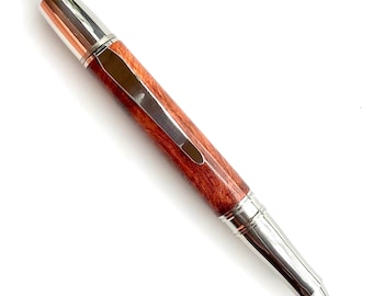 Custom Wooden Ball Point Pen - Hand Turned Beautiful Exhibition Amboyna Burl - Made In USA Stainless Steel Hardware - 004BPB