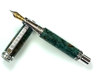 Custom Wooden Fountain Pen - Beautiful Dyed Box Elder Blue - Rhodium Emperor Hardware - 001FPXLA