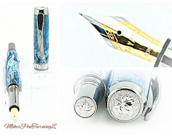 Custom Acrylic fountain Pen - White Blue and Black Acrylic - Fountain OR Rollerball - Black Titanium and Rhodium - 851FP/RB CNB