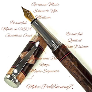 Custom Wooden Fountain Pen - Black Walnut and Maple Segments and Red Heart Knot Black and Red Rings - Stainless Steel Hardware - 721FPSSG