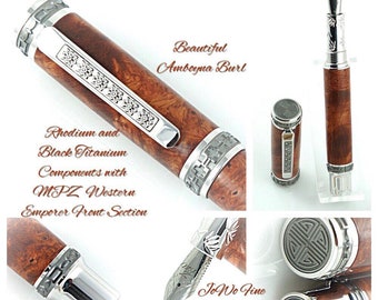 Custom Wooden Fountain Pen - Amboyna Burl - Rhodium and Black Titanium Hardware - Stck# 818FPXLC