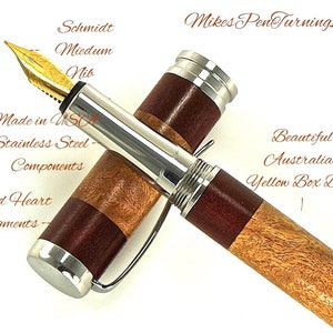 Custom Wooden Fountain Pen - Yellow Box Burl with Red Heart Segments - Made In USA Stainless Steel Hardware - Stock# 699FPSSF