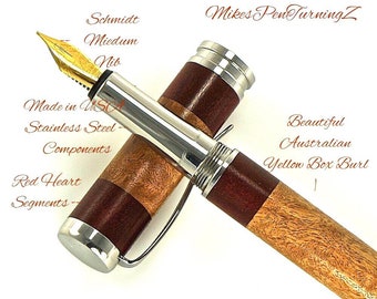 Pluma estilográfica de madera personalizada - Caja amarilla con segmentos en forma de corazón rojo - Herrajes de acero inoxidable fabricados en EE. UU. - Stock n.° 699FPSSF